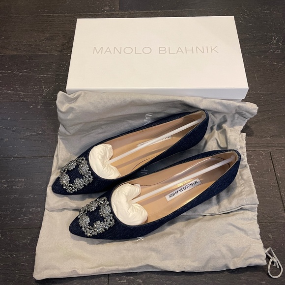 NEW Manolo Blahnik Hangishi Flat Denim Shoes blue jeans fabric Size US 9/ 39 - Picture 1 of 10